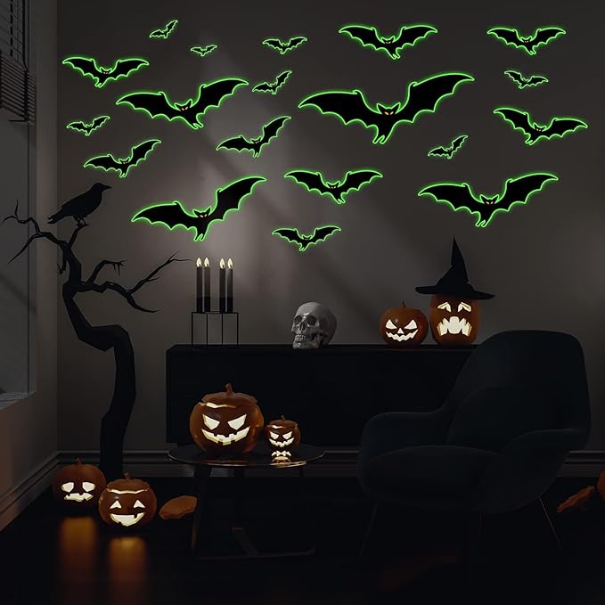 3 Sheets Glow in The Dark Halloween bat Decals Luminous Halloween bat Stickers Removable Bat Wall Decor Glowing Window Clings for Scary Halloween Theme Party Decorations-CasaMuseHome