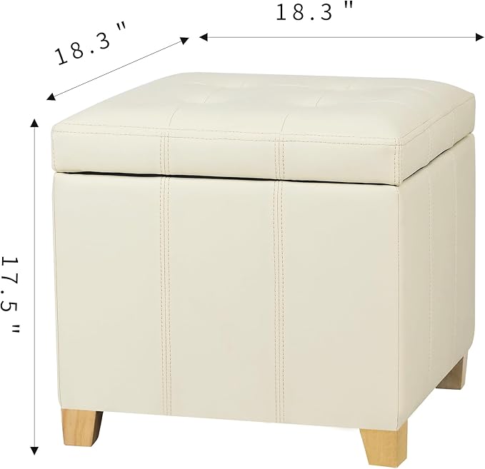 Adeco Faux Leather Storage Ottoman with Hinged Lid, 17.5 Inch High Cream White Square Cube Foot Stool with Storage, Upholstered Vanity Stool with Solid Wood Legs for Living Room, Bedroom, Dorm-CasaMuseHome
