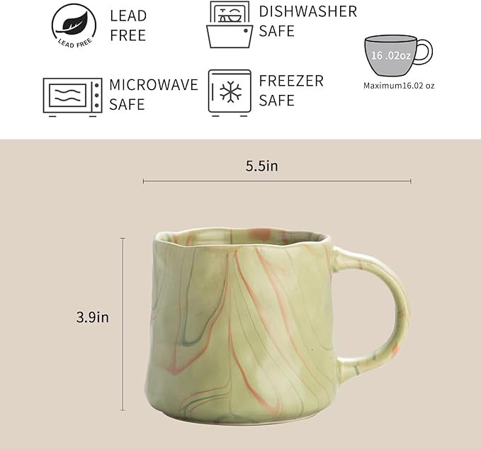 Abstract Art Ceramic Coffee Mugs Set - 2 Pack, Mint Green with Red and White Accents, Handcrafted Design for Modern Kitchen or Office-CasaMuseHome