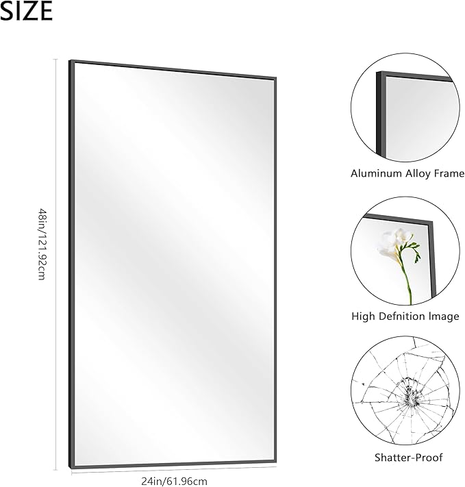 48x24In Black Bathroom Mirror for Wall, Rectangle Mirrors with Metal Frame, Bathroom Rectangular Mirror Modern Wall Mirror for Bedroom Living Room, Entryway Hangs Horizontal or Vertical-CasaMuseHome