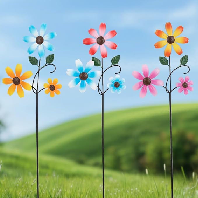 3 Pack Spring Garden Stakes Decor,Metal Flowers Decorative Garden Stakes,Waterproof Metal Yard Art for Outside,Lawn,Patio,Yard(23.1 * 6.7IN)-CasaMuseHome