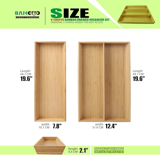 2-Piece V-Shaped Bamboo Drawer Organizer - Ideal for Kitchen's Large Long Tableware, Cooking Utensils, Flatware, Silverware - Wood Storage Box for Home, Bedroom, Bathroom (19.6"x12.4" & 19.6"x7.8")-CasaMuseHome