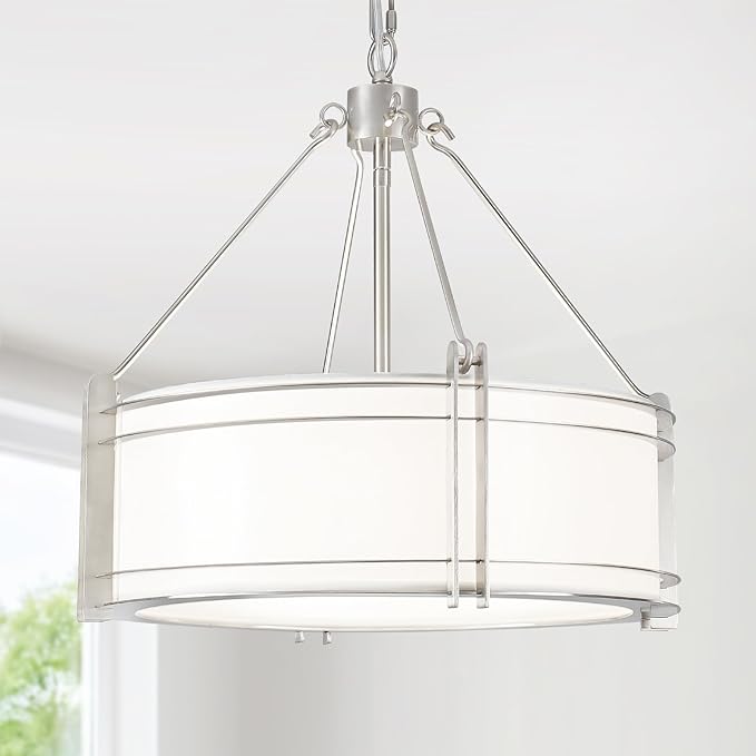 16.3''Drum Chandelier 3-Light Brushed Nickel Modern White Fabric Chandeliers Adjustable Drum Pendant Light for Dining Room Kitchen Island Hallway Living Bedroom-CasaMuseHome