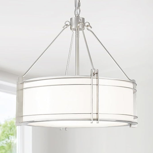 16.3''Drum Chandelier 3-Light Brushed Nickel Modern White Fabric Chandeliers Adjustable Drum Pendant Light for Dining Room Kitchen Island Hallway Living Bedroom-CasaMuseHome
