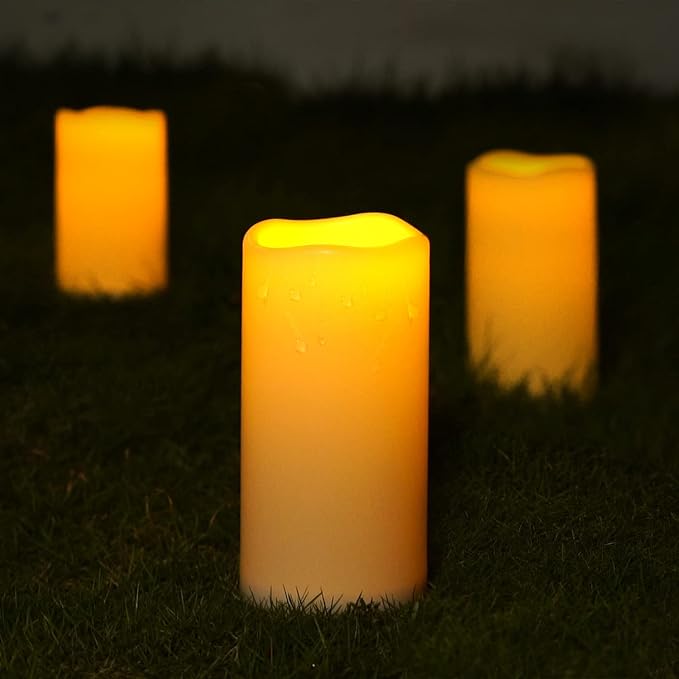 5plots 4" x 8" Single Waterproof Outdoor Flameless Candles, Battery Operated Flickering LED Pillar Candles with Remote and Timers for Indoor Outdoor Lanterns, Long Lasting, Large-CasaMuseHome