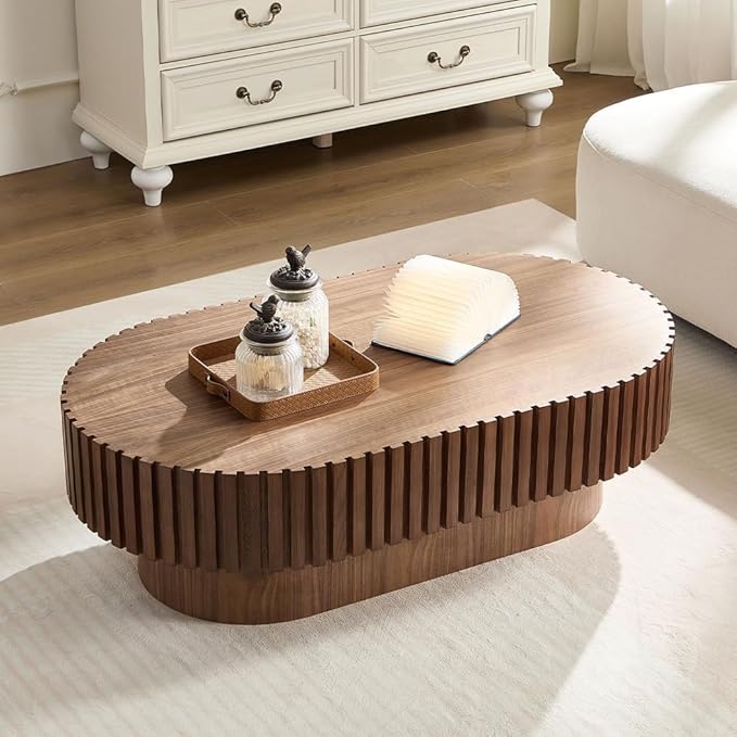 43.7" Oval Coffee Table for Living Room,Modern Handcraft Drum Coffee TableSmall Wooden Coffee Table with Sturdy Pedestal Easy Assembly for Office-Walnut-CasaMuseHome