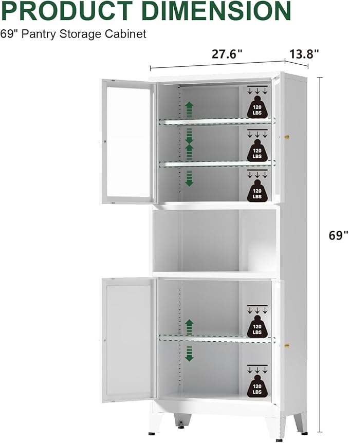69" Tall Pantry Cabinet, Kitchen Storage Cabinet with 2 Glass Doors and Adjustbale Shelves, Freestanding Metal Cupboards for Dining Room, Living Room, Bathroom-CasaMuseHome