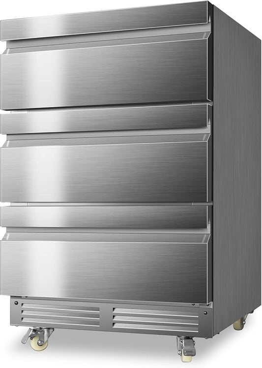 24 Inch Upgraded Three-Drawer Beverage Fridge, Weather Proof Outdoor Stainless Steel Beverage Refrigerator, Under Counter Built-in Beverage Cooler for Home & Commercial Use-CasaMuseHome