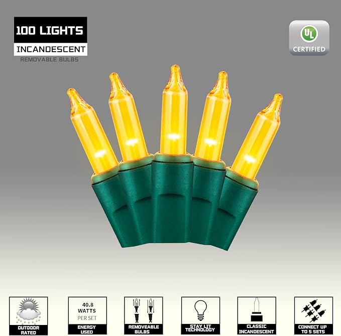 100LIGHTS Yellow Extra-Bright with End Connectors Christmas Decorative Lights 5.98m UL Certified Mini String Light Set Waterproof for Home Garden Holiday Christmas Tree Party Patio Wedding-CasaMuseHome