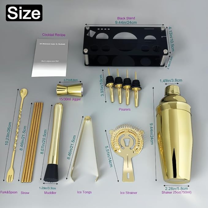 14-Piece Cocktail Shaker Set Bartender Kit with Black Stand, Bar Tool Set for Drink Mixing Bartending Kit Bar Sets Accessories: 750ml(25oz) Shaker, Jigger, Muddler, Cocktail Recipes (Gold)-CasaMuseHome