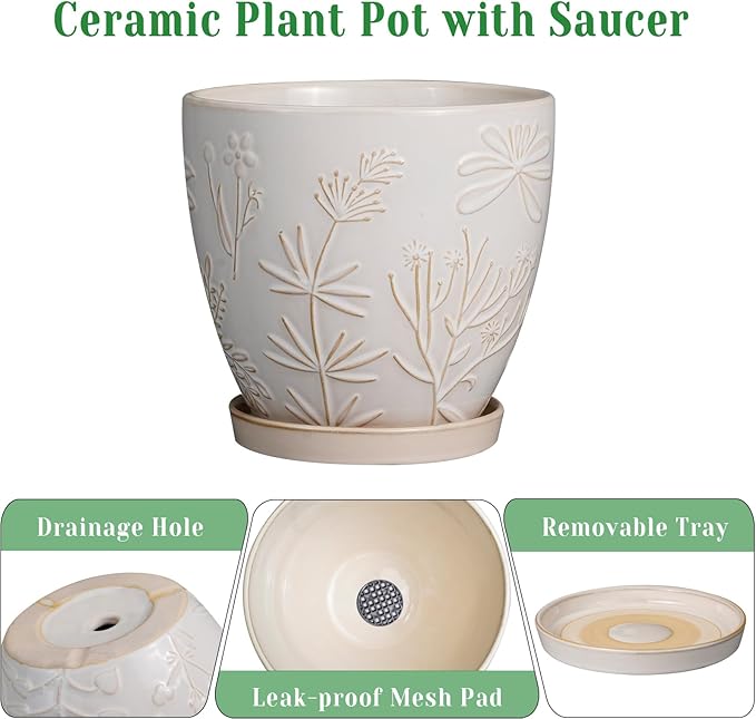 8 Inch Ceramic Pots for Plants Large Planter Pot with Drainage Hole and Saucer Round Flower Pot for Indoor Outdoor Decor, White-CasaMuseHome