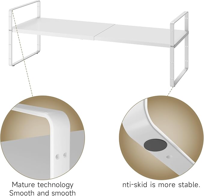 16.5~27.1" Expandable Shelf Organizer, 2Pack 10.2" Wide Stackable Cabinet Shelf Organizers, White Metal Sturdy Kitchen Counter Storage for Countertop, Adjustable Height Spice Rack-CasaMuseHome