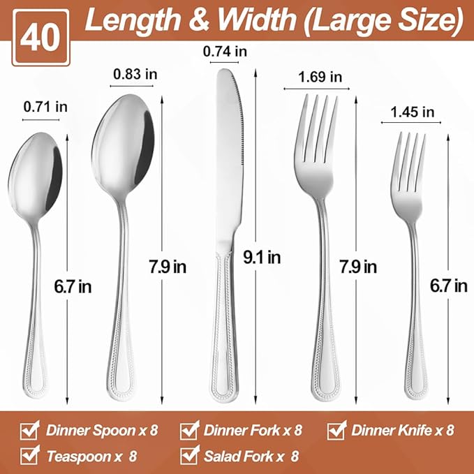 40 Pcs Silverware Set for 8 with Pearled Edge Handle design, Food Grade Stainless Steel Flatware Set, Eating Utensils Sets Include Fork/Knife/Spoon, Reusable Cutlery Set, Dishwasher Safe-CasaMuseHome