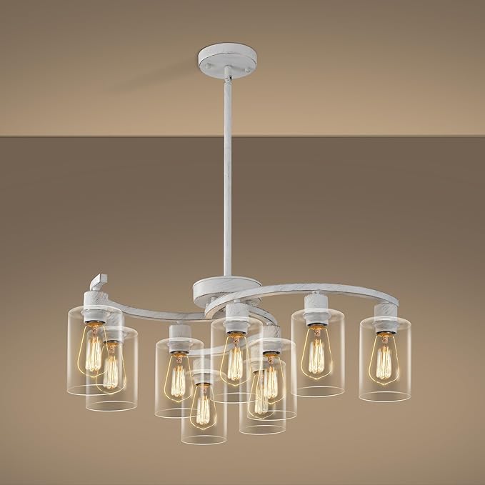 9-Light Antique White Chandelier with Clear Glass Shade, French Country Chandeliers for Dining Room, Adjustable Height Hanging Chandelier for Kitchen Island Living Room Foyer Bedroom-CasaMuseHome