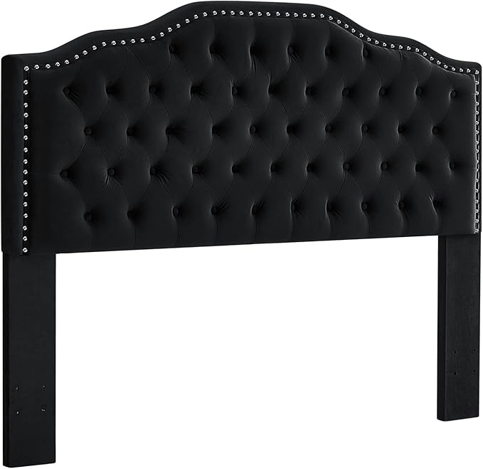 24KF Upholstered Button Tufted Queen Size Full Size Headboard with Nailhead Trim, Soft Velvet Fabric Headboard Queen/Full Size Headboad-Black-CasaMuseHome