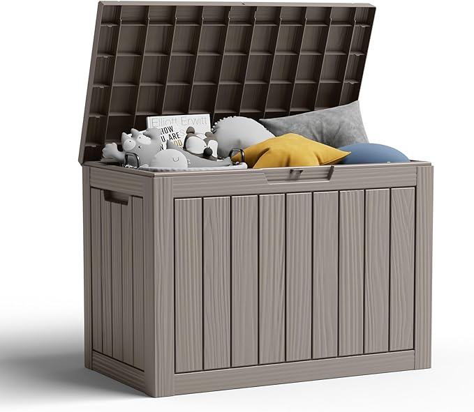 45 Gallon Resin Deck Box, Lockable Patio Outdoor Storage Box for Furniture, Garden Tools and Tools Storage, Waterproof Outside Storage Boxes - Grey-CasaMuseHome