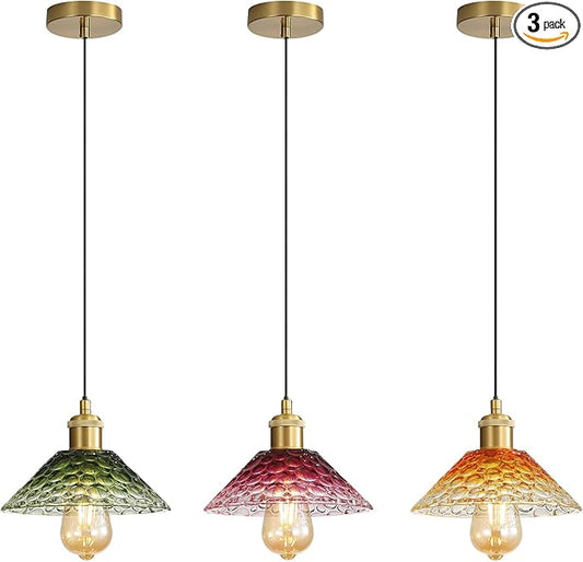 3-Pack Pendant Lights, Modern Glass Ceiling Hanging Light Fixtures,Adjustable Three Color Glass Shades Vintage Gold Chandeliers for Kitchen Island Dining Room Livingroom Entryway Farmhouse Bar-CasaMuseHome