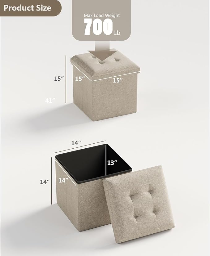 15 Inches Small Folding Storage Ottoman Cube, Storage Footrest, Foot Rest Stool, for Living Room, Bedroom, Dorm, Hallway, Entryway, Sandy Beige-CasaMuseHome
