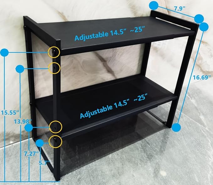 2 Tier Expandable Cabinet Shelf Organizer 14.5-25" L Kitchen Counter Shelf Rack Stand Sink Riser Countertop Storage Black (Normal 7.9”D)-CasaMuseHome