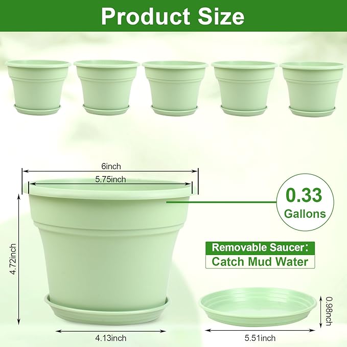 6 Inch Plastic-Flower Pot-for-Indoor Plants, 6 Pack Outdoor Plant Pots with Drainage Holes & Saucers, Resin Garden Pots Planters-CasaMuseHome