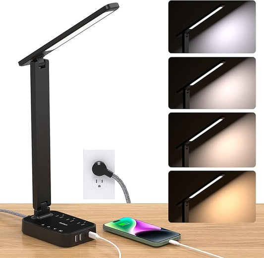 Addtam LED Desk Lamp, Power Strip with 3 Outlets 4 USB Charging Ports(2 USBC), 4 Modes 5 Level Brightness Touch Lamp, Small Desk Lamp for Home Office College Dorm Room Essentials, 10FT-CasaMuseHome