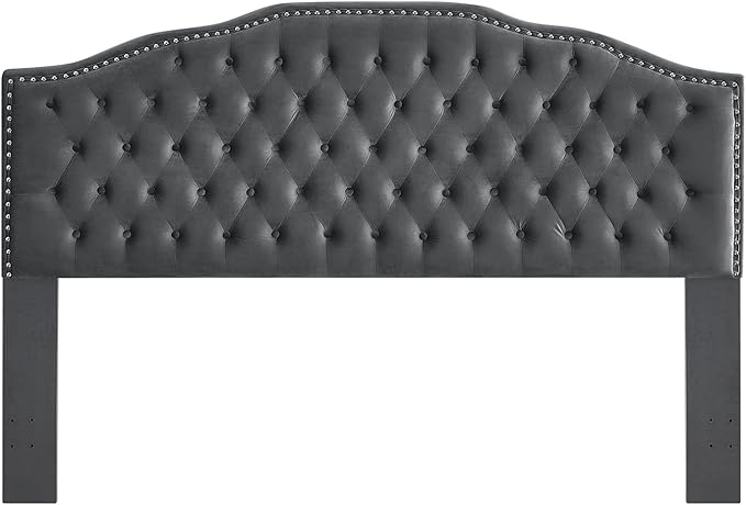 24KF Upholstered Button Tufted King Size Headboard with Nailhead Trim, Soft Velvet Fabric Headboard King/Cal King Size -Dark Gray-CasaMuseHome