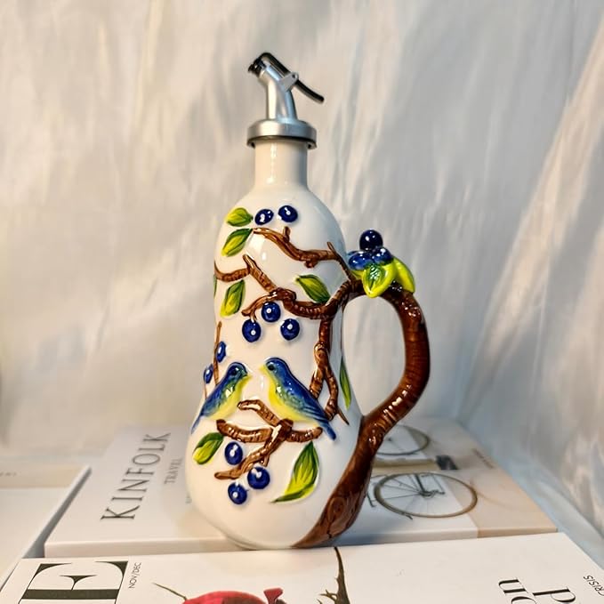 18 Oz Hand Painted Relief Ceramic Olive Oil Bottle Dispenser for Kitchen, Oil and Vinegar Bottle, Seasoning Bottle with Stainless Steel Nozzle, 540mL Oil Container with Handle for Cooking, Light Proof-CasaMuseHome