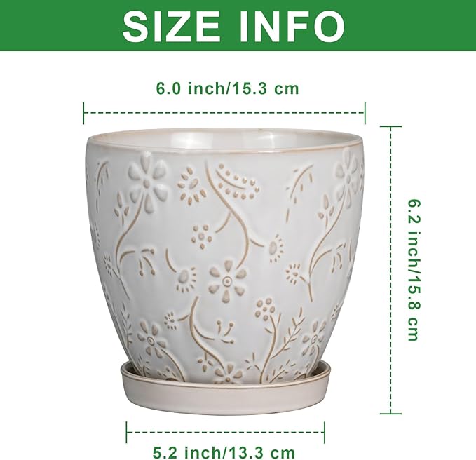 6 Inch Ceramic Plant Pot for Indoor Plants Outdoor Round Planter Flower Pot with Drainage Hole and Saucer for Home Garden Office Decor White-CasaMuseHome