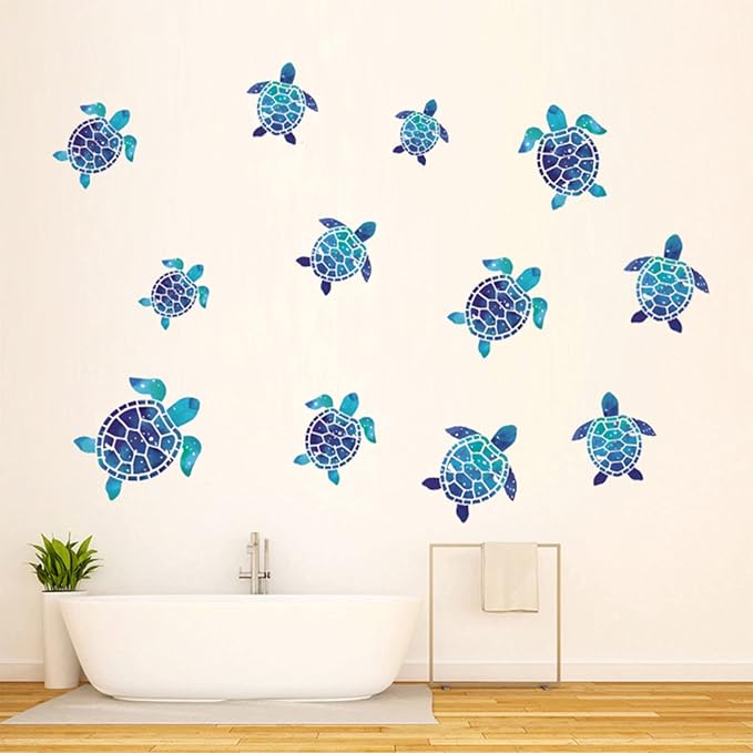 12pcs Sea Turtle Vinyl Stickers Underwater Ocean Decals Waterproof Wall Sticker Home and Bedroom Decoration, DIY Accessories, Blue-CasaMuseHome