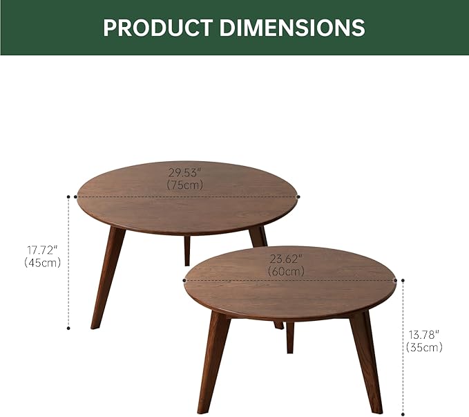 100% Solid Oak Wood Coffee Table Set, Round Coffee Table Combo Side Table w/Solid Wood Legs, Mid Century Table Sturdy Tables for Bedroom Balcony Living Room (Walnut, Big-Medium Combo)-CasaMuseHome