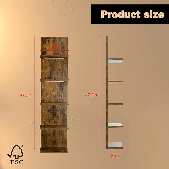 5 Tier Wall Shelf Unit, Modern Vertical Lack Wall Shelves with Light, Wall Mount, Floating Column Home Decor Shelves for Bedroom, Living Room, Vanity Storage Display(Dark Brown)-CasaMuseHome
