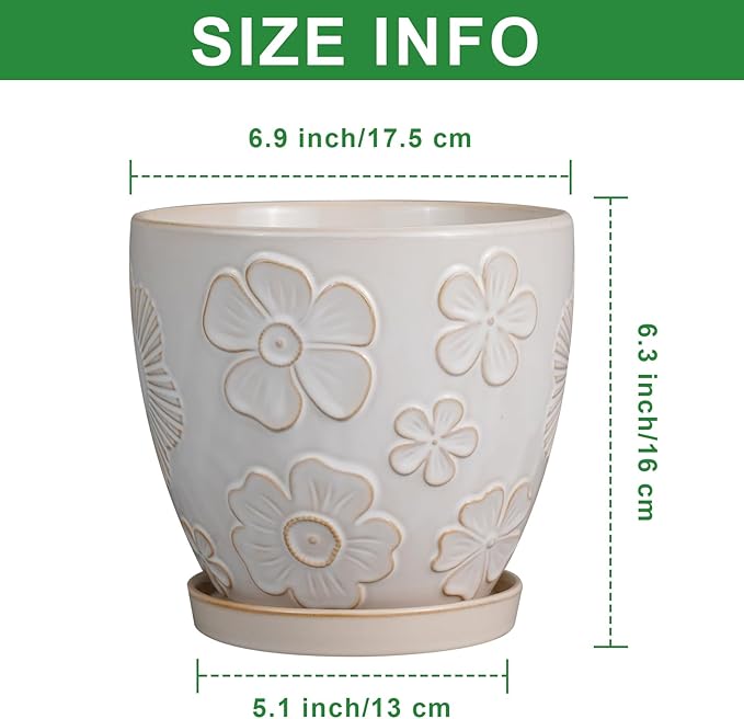 6.9 Inch Plant Pot with Drainage Hole and Saucer Ceramic Planter for Indoor Plant Flower Pot for Orchid Succulents Plants White-CasaMuseHome