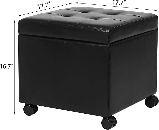 Adeco 17.7" Leather Ottoman with Wheels, Black Square Rolling Ottoman with Storage, Upholstered Button Tufted Vanity Stool with Hinged Lid for Living Room, Bedroom, Dorm-CasaMuseHome