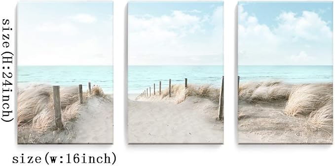 3 Piece Large Canvas Bedroom Wall Art Beach Blue Sea Blue Sky Print Picture Framed Wall Decor for Living Room Bathroom Modern Home Decor Artwork Ready to Hang Coastal Wall Decorations Size 16x24x3-CasaMuseHome