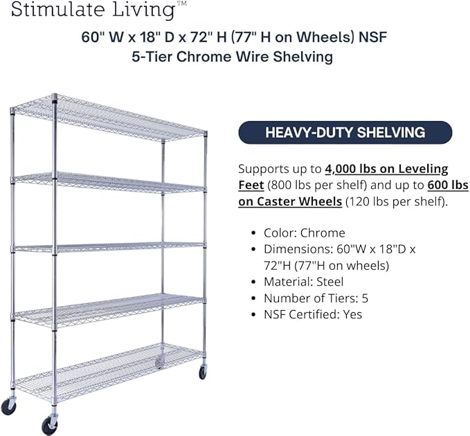 60"x18"x72" PRIME HEAVY DUTY Chrome 5-Tier Wire Shelving 4000 LBS MAX Capacity Storage Rack for Commercial, School, Home, Garage, Warehouse, Industrial, and Hospital Uses (with Wheels)-CasaMuseHome