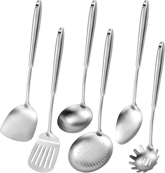 304 Stainless Steel Cooking Utensils,6 Pcs Kitchen Cooking Utensils Set with Spatula, Solid Spoon, Ladle, Skimmer, Spaghetti Spoon,Dishwasher Safe-CasaMuseHome