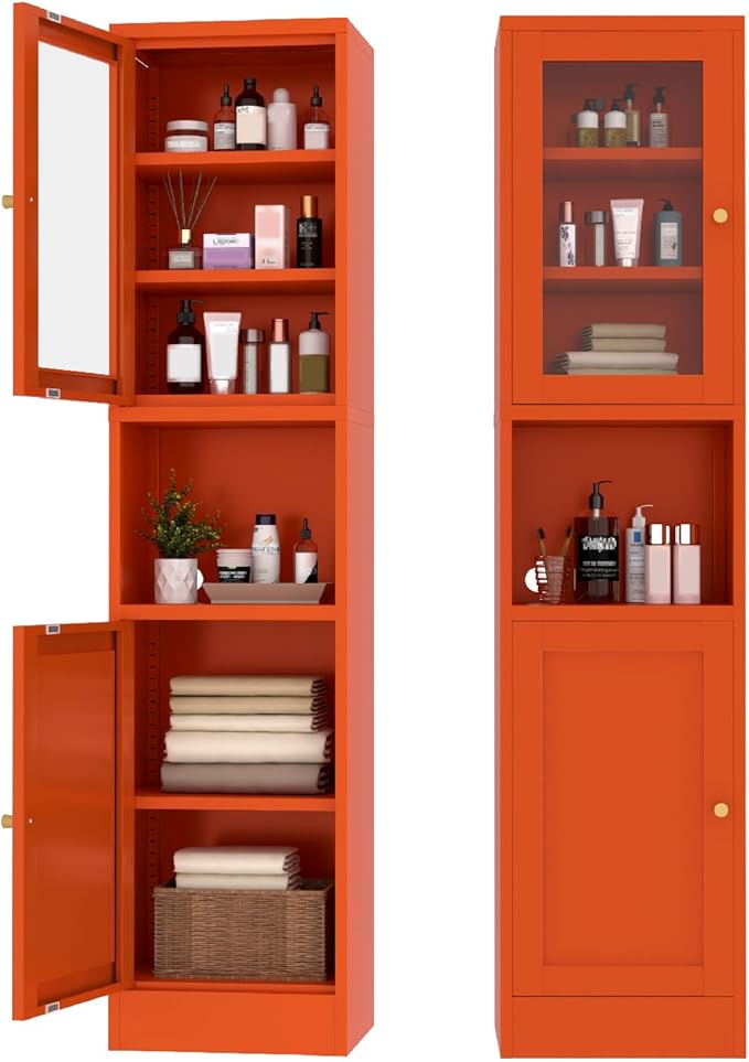 67" Tall Bathroom Storage Cabinet, Narrow Metal Floor Cabinet with Glass Door and Adjustable Shelves, Freestanding Metal Locker for Laundry, Kitchen, Dining Room-CasaMuseHome