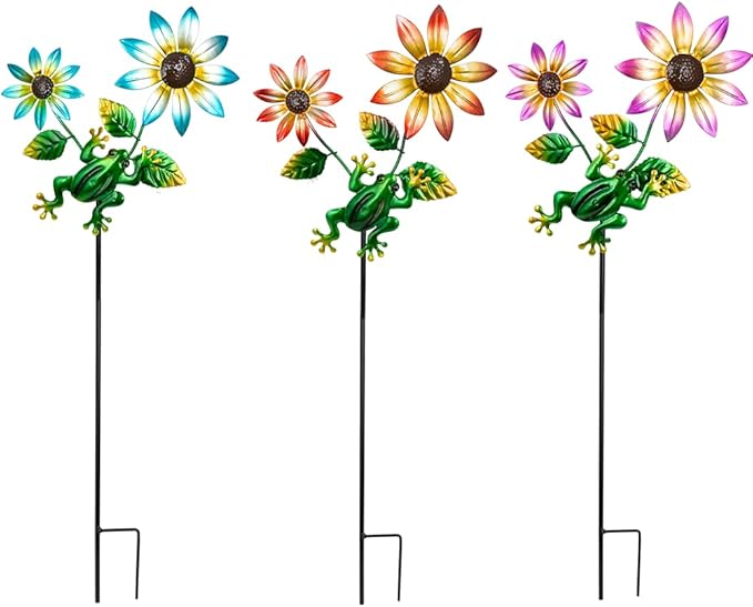 3 Pack Frog＆Flowers Garden Stakes Decor,Metal Yard Art Decorative Garden Stakes,Metal Flowers Spring Outdoor Decor for Mom,Women,Grandma-CasaMuseHome