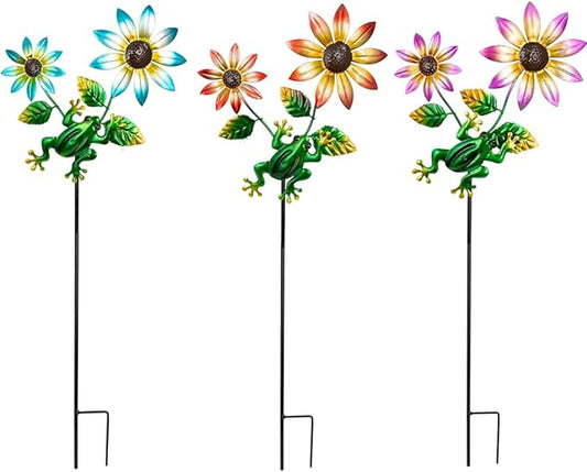 3 Pack Frog＆Flowers Garden Stakes Decor,Metal Yard Art Decorative Garden Stakes,Metal Flowers Spring Outdoor Decor for Mom,Women,Grandma-CasaMuseHome
