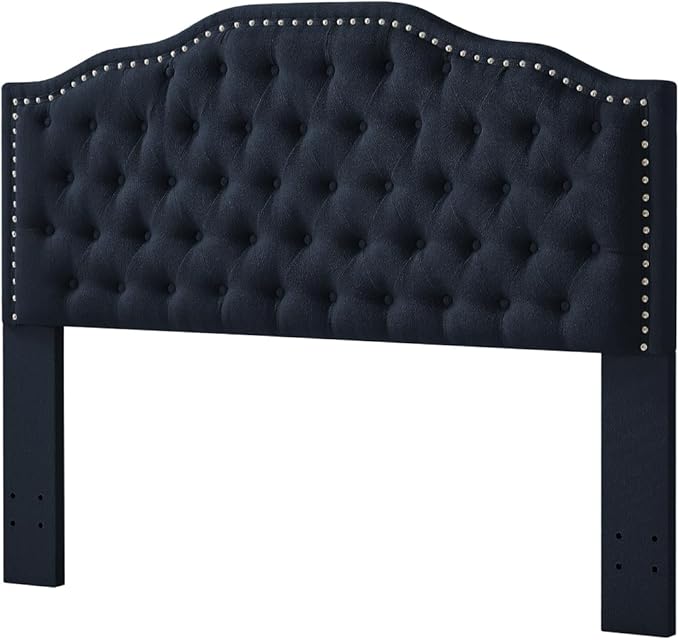 24KF Upholstered Button Tufted Queen Headboard with Nailhead Trim, Elegant Boucle Fabric Full headboard, 6031-Q-Boucle-Navy-CasaMuseHome