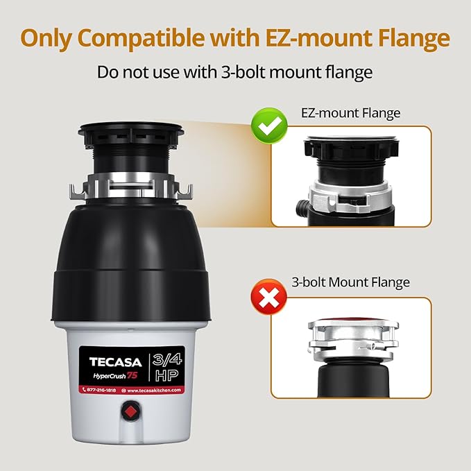 3/4 HP Corded Garbage Disposal for Kitchen Sinks, TECASA Continuous Feed Food Waste Disposer, Sound Reduction, Power Cord Included, Grey and Black - HyperCrush 75-CasaMuseHome