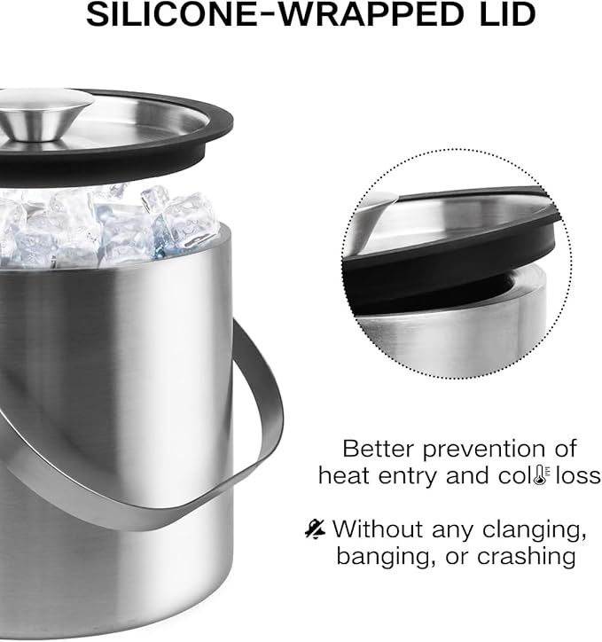 3L Double Wall Ice Bucket with Silicone Lid, Tongs & Scoop Insulated Ice Buckets for Parties & Cocktail Bar,[Silicone Lid for Longer Ice] Large Wine Bar Bucket Stainless Champagne Chiller-CasaMuseHome