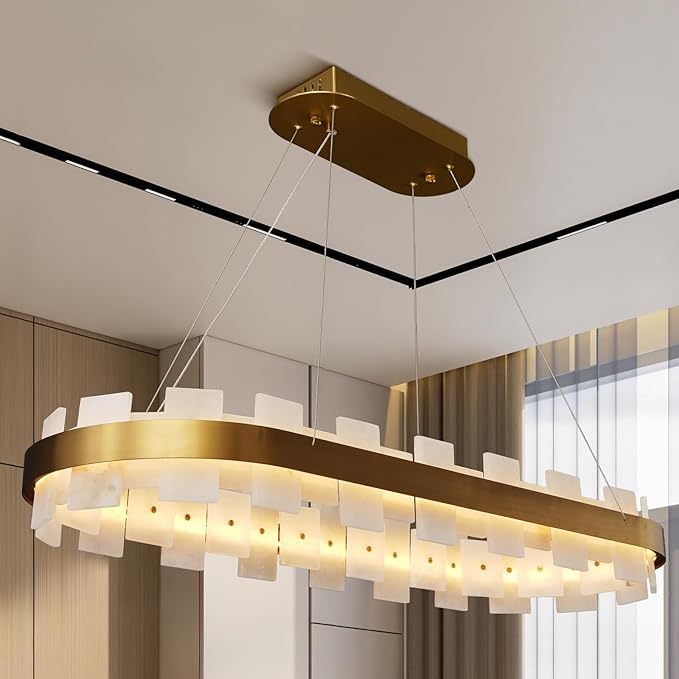 37.4" Natural Spanish Alabaster Rectangle Chandelier, Adjustable Luxury Ceiling Light for Dining Room Over Table, Kitchen Island, Modern Marble Chandeliers for Bedroom, Foyer, Entryway-CasaMuseHome