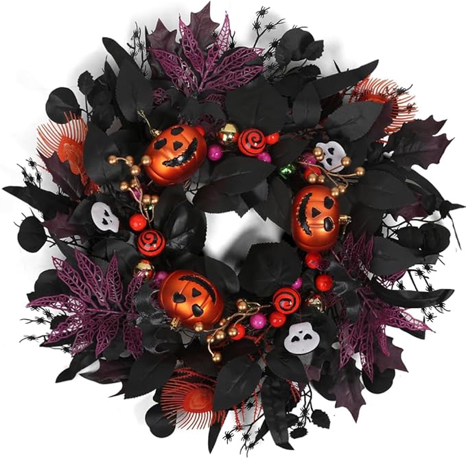 24" Glitter Halloween Wreath Outdoor - Sparkly Balls, Skulls, Bat, Skeleton, Pumpkin on Black Twig | Front Door Outside Goth Decor for Spooky Night-CasaMuseHome