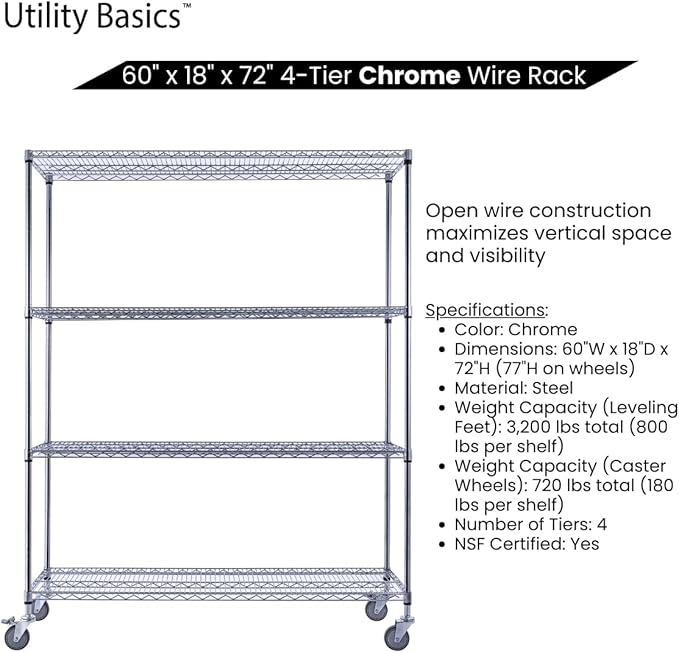 60"x18"x72" Chrome Premium Metal Steel Wire Shelving 4-Tier NSF 3200 LBS MAX Capacity Heavy Duty Storage Rack for Garages, Commercial Spaces, Hospitals, & Schools w/Premium Wheels-CasaMuseHome