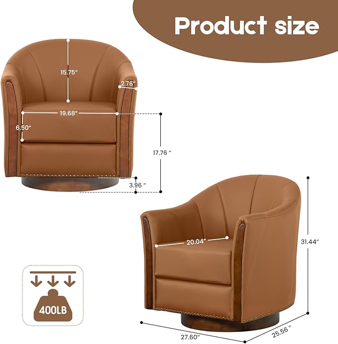 360° Swivel Accent Chair, Modern Leather Barrel Club Chair with Leather Upholstery and Sturdy Wood Base, Comfortable Armchair for Living Room, Bedroom, Reading Nook, Brown-CasaMuseHome