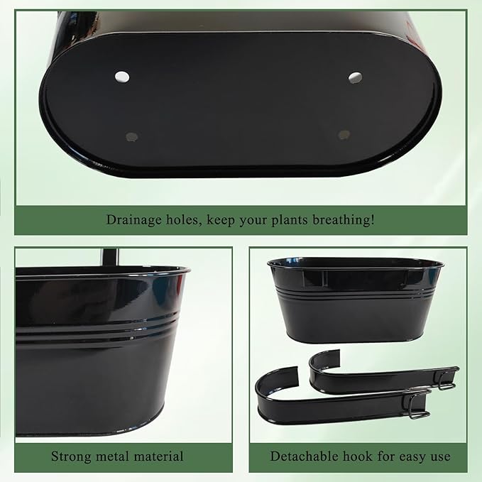 6 Pack Metal Hanging Planter for Outdoor Plants, 10 Inch Black Fence Planters Railing Pots for Garden Patio Balcony Decor, Flower Bucket with Detachable Hooks (Black, 6Pcs)-CasaMuseHome