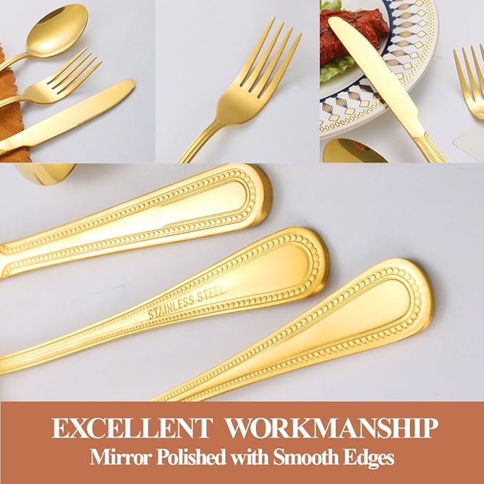 40 Pcs Gold Silverware Set for 8 with Pearled Edge Handle design, Food Grade Stainless Steel Flatware Set, Eating Utensils Sets Include Fork/Knife/Spoon, Reusable Cutlery Set, Dishwasher Safe-CasaMuseHome