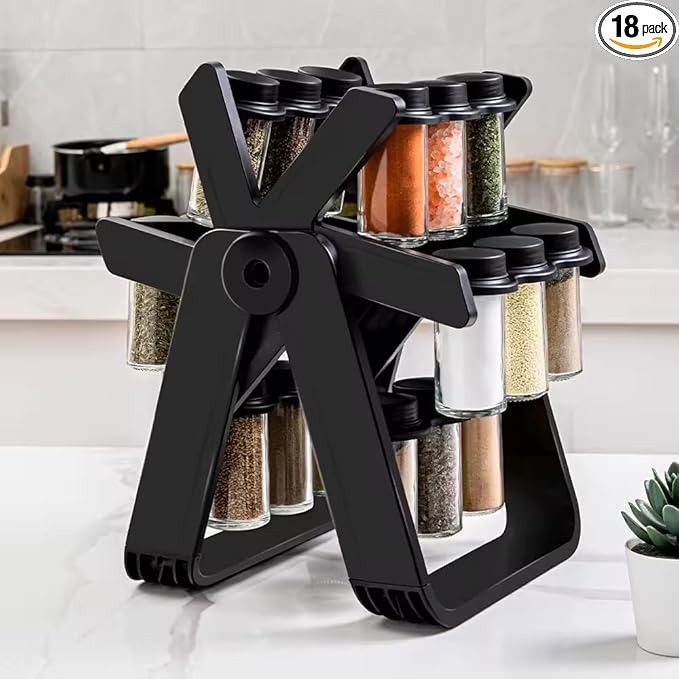 A&K's Rotating Spice Rack Organizer, 18 Glass Jars, 360-Degree Turntable, Black, Comes with Spice Label Stickers, Funnel, and Water Pen. Best for Kitchen Organization, Countertop, Pantry, and Cabinet.-CasaMuseHome