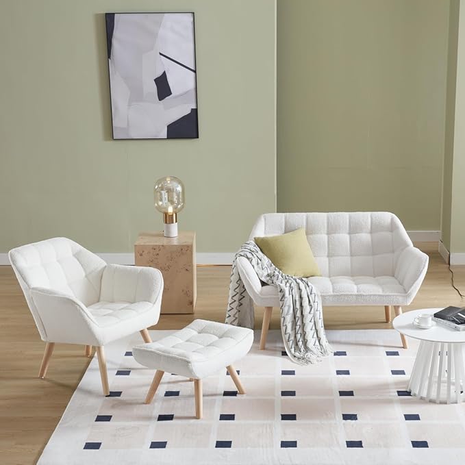 48”Small Loveseat Sofa, Modern Sherpa Upholstered Mini Couch 2-Seater Fluffy Love Seat with Quilting Backs and Wood Legs for Living Room, Bedroom and Small Space, White-CasaMuseHome